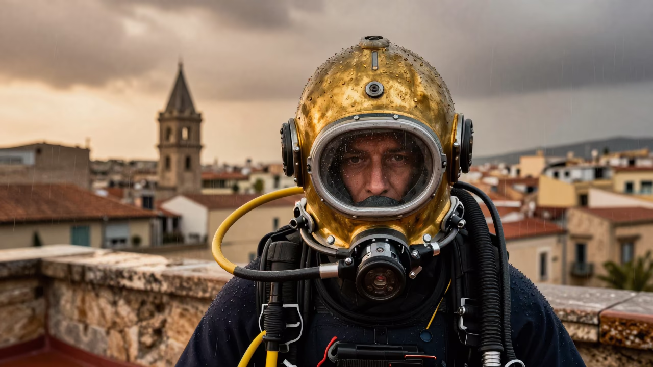 Diver Portrait on Barcelona Rooftop in along a windswept rooftop near Gothic Quarter, Barcelona
