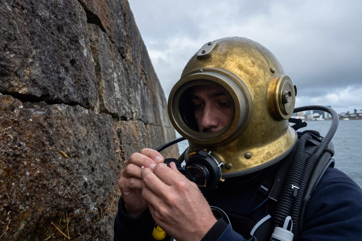 Diver Removes Brass Helmet Sydney Harbor in beside a harbor wall near Sydney