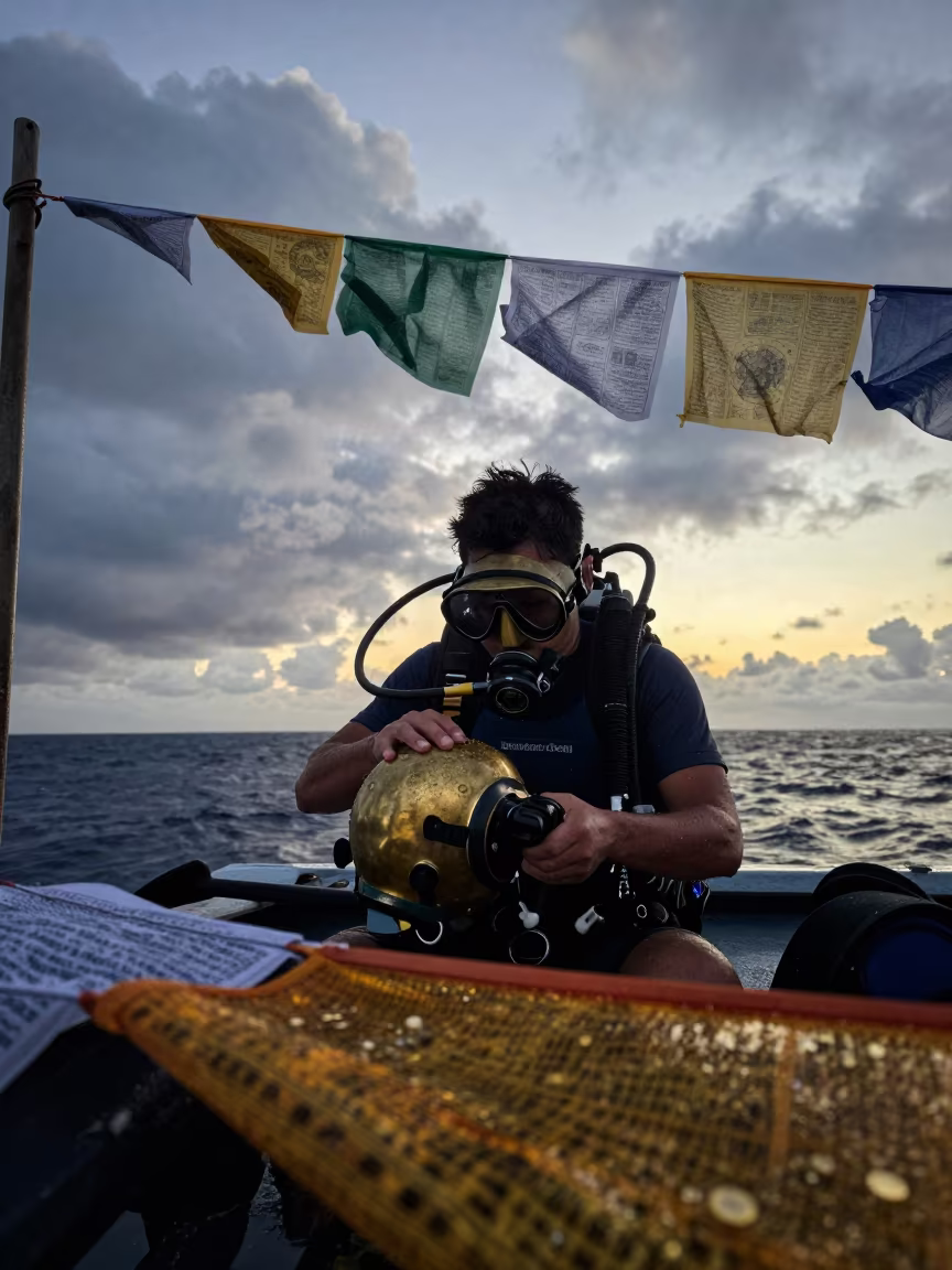 Diver Removing Brass Helmet Near Honolulu Prayer Flags in beneath a line of prayer flags near Honolulu