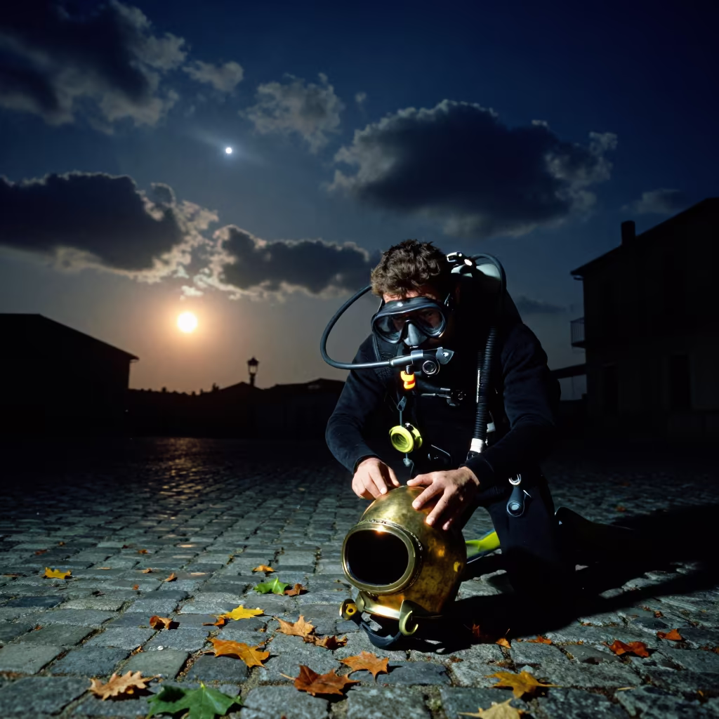 Diver Removing Brass Helmet Under Second Sun in at the edge of a village square near Barcelona