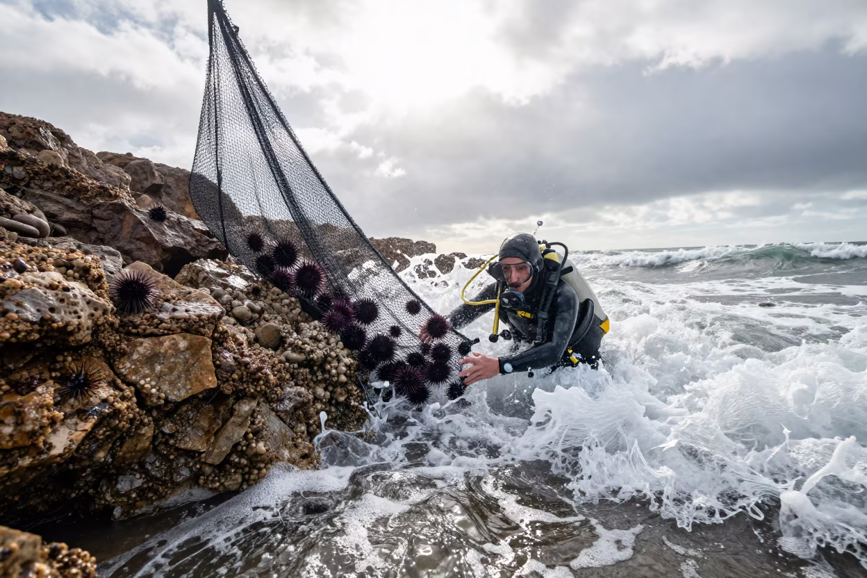 Diver Surfaces with Sea Urchin Net Near Mellah Coast in by a riverbank near Mellah, Essaouira