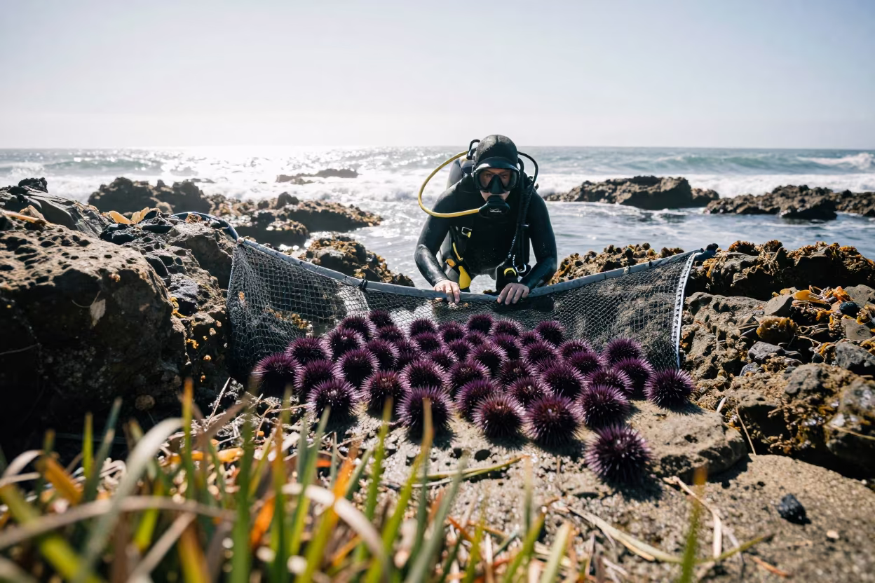 Diver Surfaces with Sea Urchin Net on Rocky Coast in on a mountain path near Castro, San Francisco