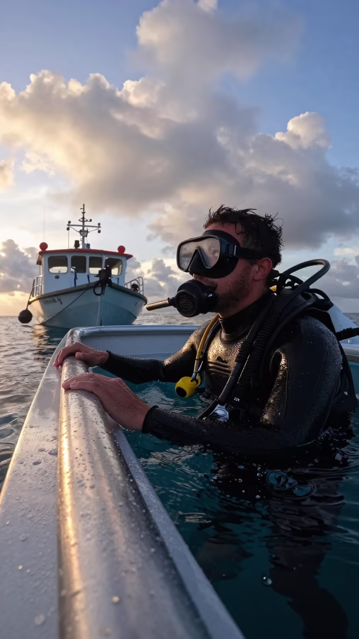 Diver surfacing beside science skiff at dawn in in Pinar del Río