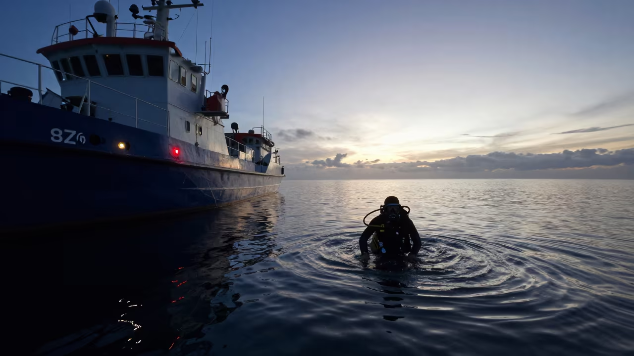 Diver Surfacing at Dawn Beside Science Skiff in near La Macarena, Bogota