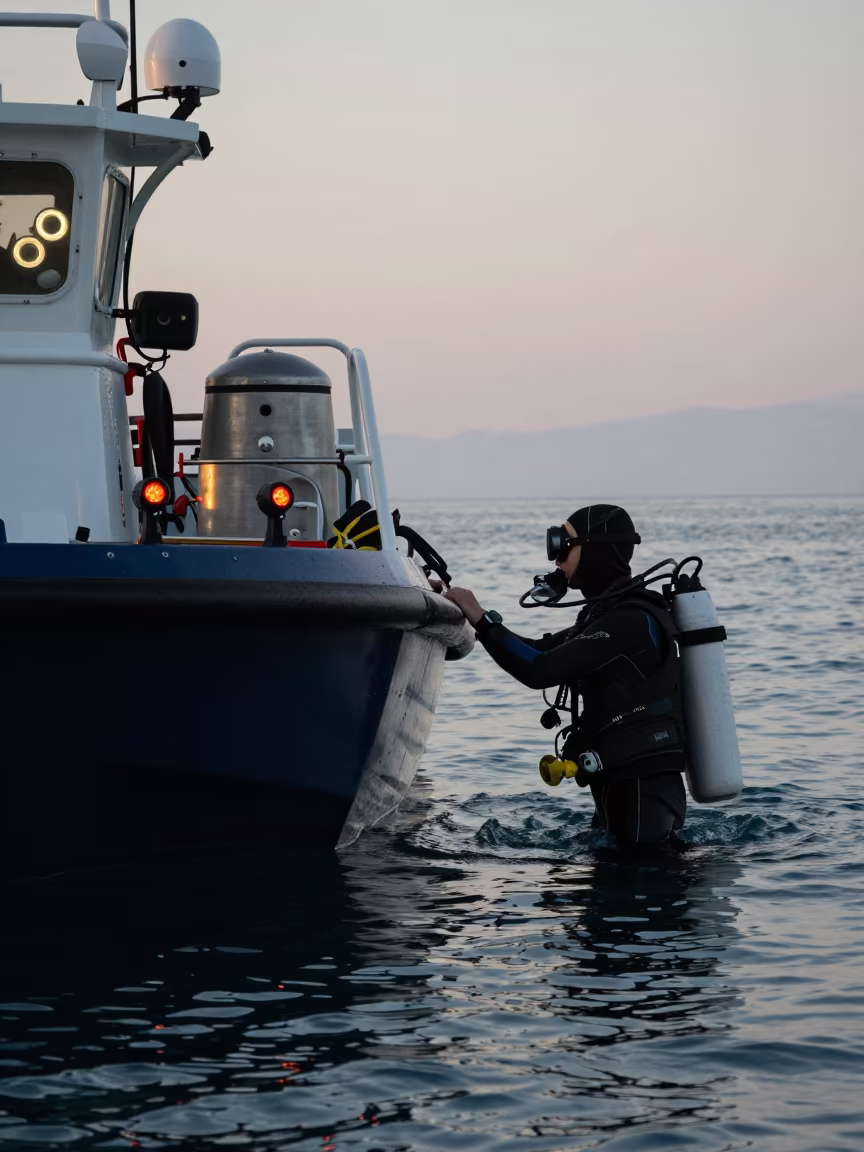 Diver Surfacing Beside Science Skiff at Dawn in in Baku