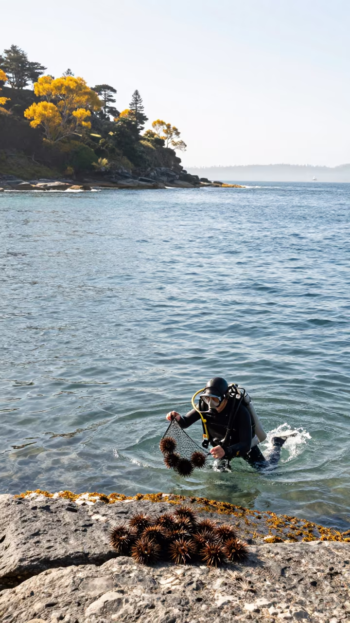 Diver Surfacing with Sea Urchins on Sydney Coast in on a hillside near Sydney