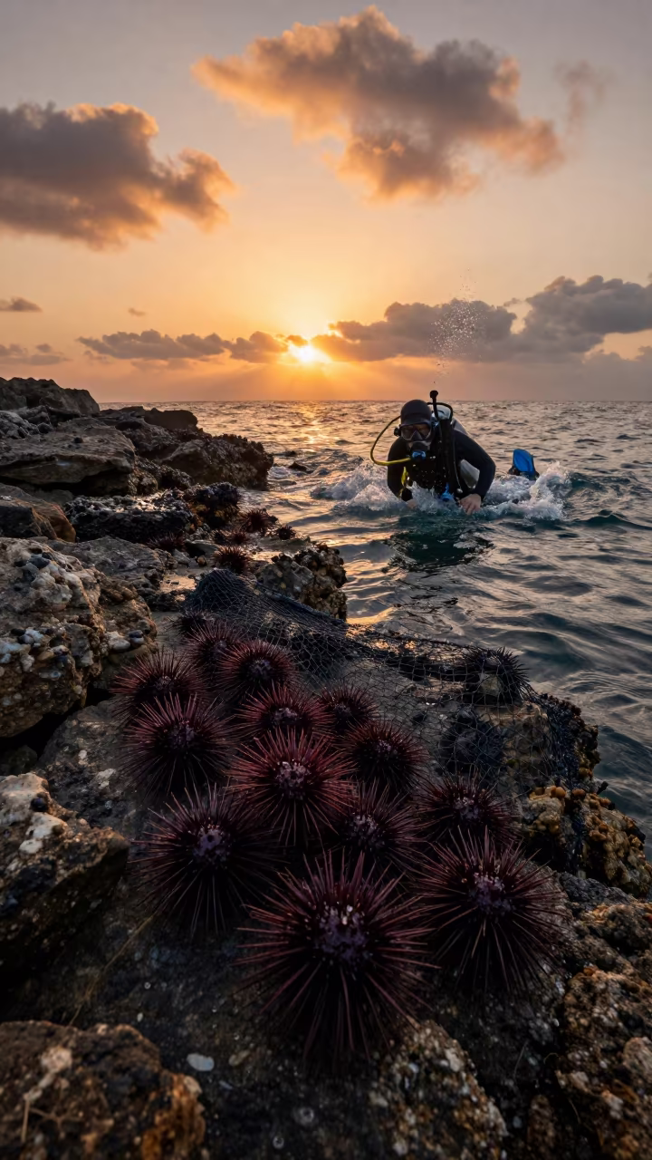 Diver Surfacing with Sea Urchins at Getsemani in on a mountain path near Getsemani, Cartagena