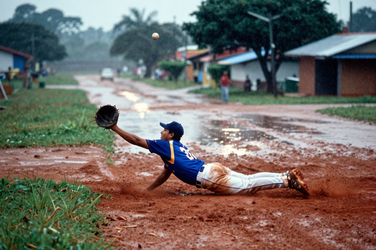 Diving Catch on Iquitos Warning Track in in a village lane near Iquitos