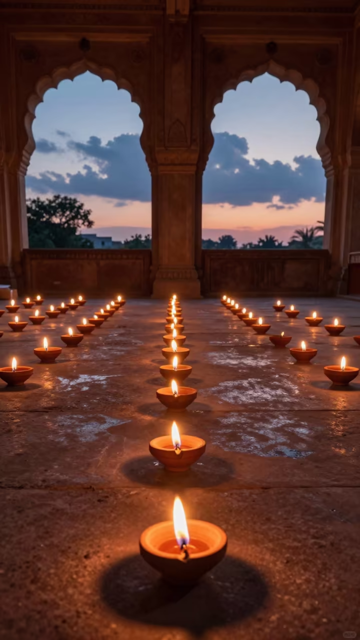 Diwali Lamps Glow in Delhi Prayer Hall at Sunset in in a prayer hall in Delhi