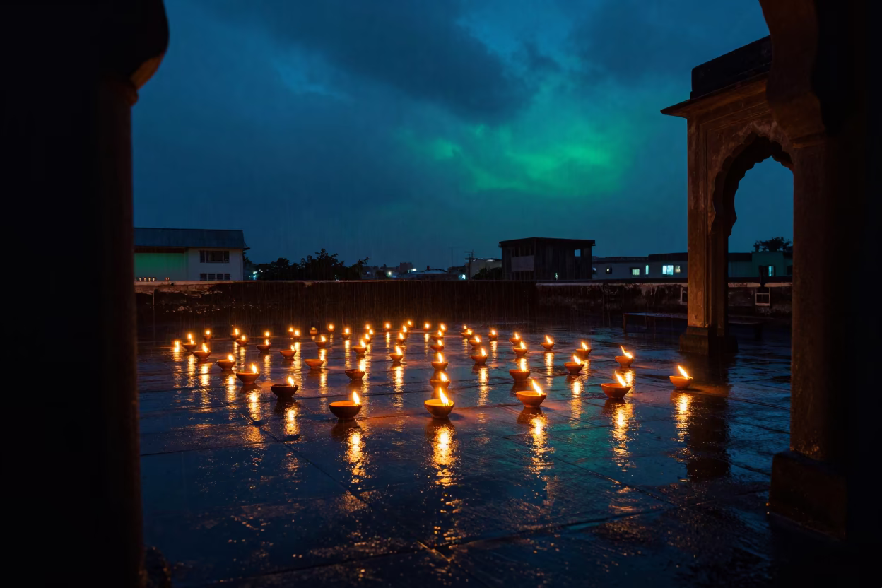Diwali Lamps on Delhi Rooftop Monsoon Night in in a ceremonial hall near Delhi