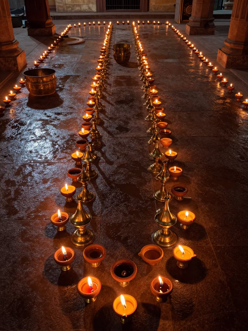 Diwali Oil Lamps in Delhi Hall at Night in in a ceremonial hall in Delhi