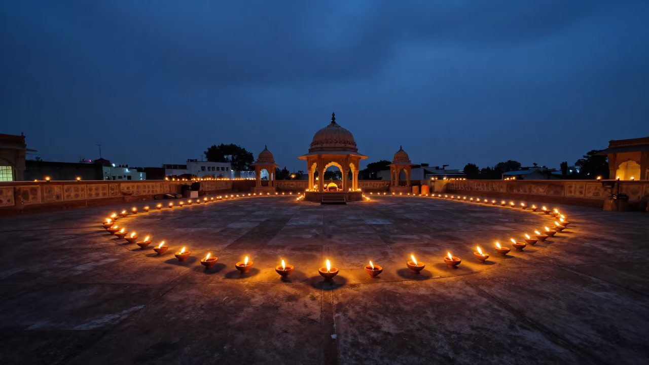 Diwali Oil Lamps on Delhi Rooftop at Twilight in in a prayer hall near Delhi