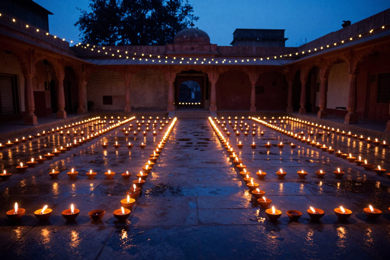 Diwali Oil Lamps in Jaipur Hall in in a ceremonial hall near Johari Bazaar, Jaipur