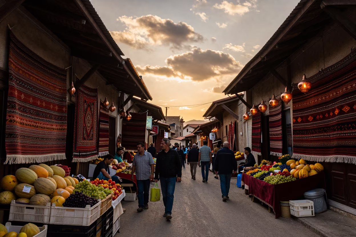 Diyarbakir bazaar lane copper lamps carpets sunset in at a roadside fruit stand in Diyarbakır