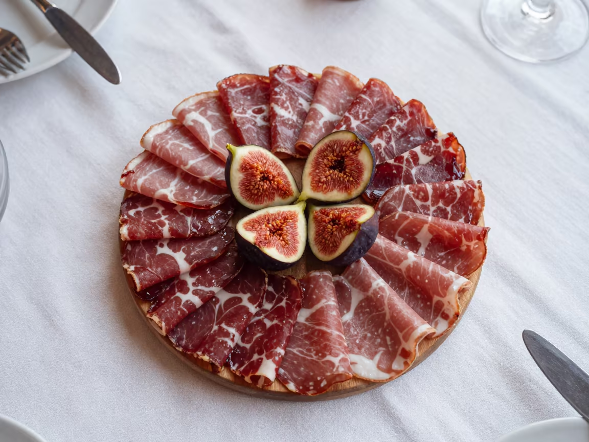 Diyarbakir Charcuterie Board Figs Linen in on a linen-covered restaurant table in Diyarbakır