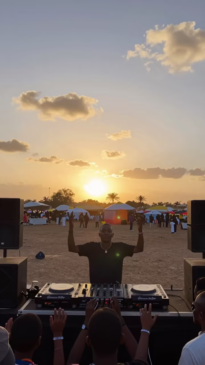 DJ Booth at Niamey Night Market Golden Hour in at a night market in Niamey