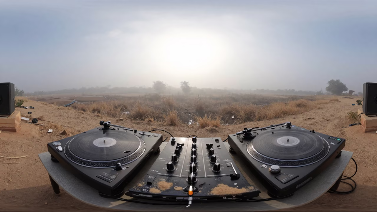 DJ Crossfading Turntables in Marine Fog Bikaner in through low marine fog near Bikaner