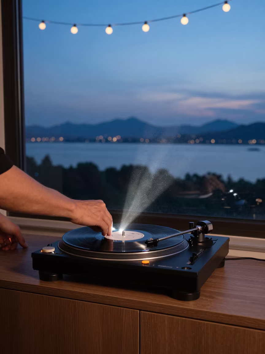 DJ Cues Vinyl on Hangzhou Hotel Dresser in on a hotel dresser in Hangzhou