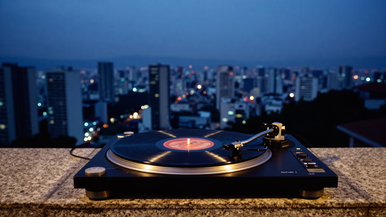 DJ Cues Vinyl on São Paulo Stone Ledge in on a stone ledge in São Paulo
