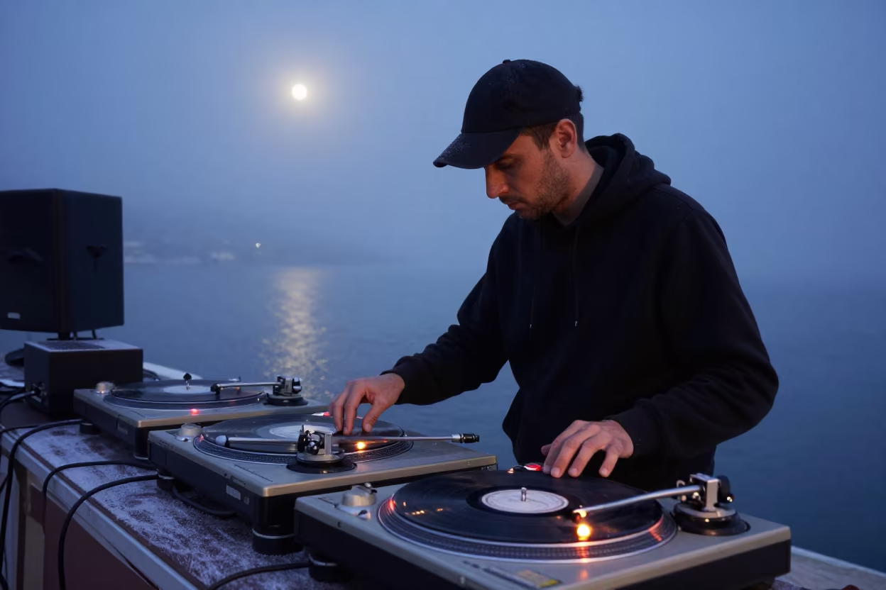 DJ Spinning Vinyl in Foggy Spring Night in through low marine fog near Antalya