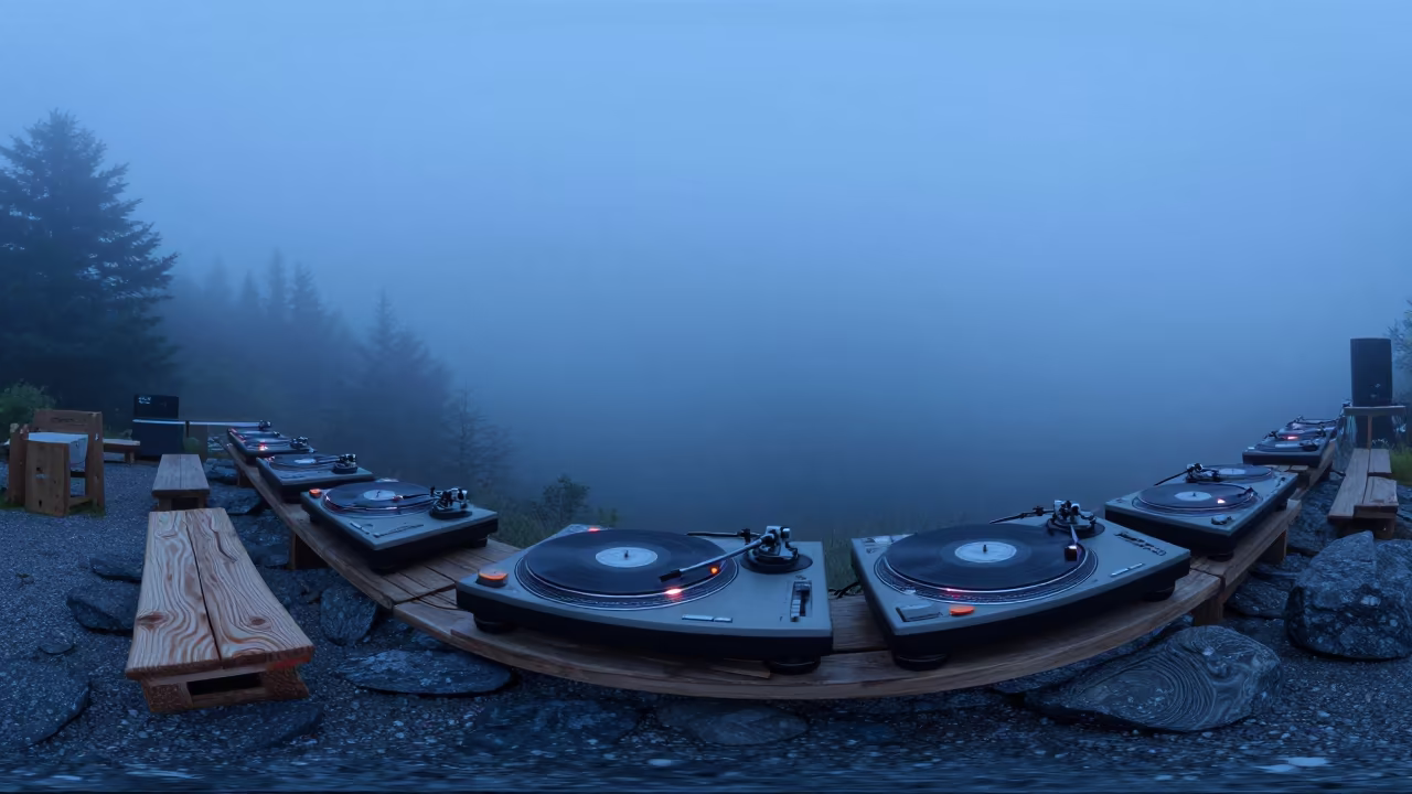DJ Spinning Vinyl Stone Turntables Fog in through low marine fog in New Hampshire