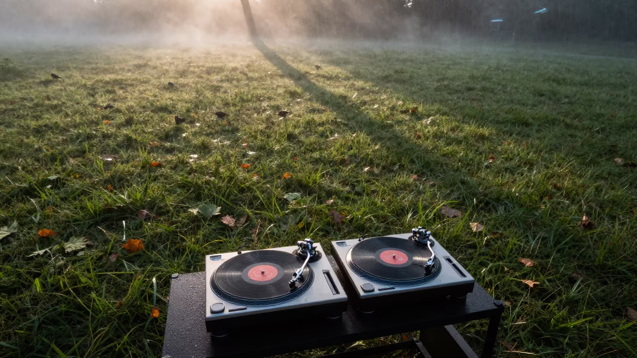 DJ Spinning Vinyl on Stormy Indiana Plain in across a storm-bright plain in Indiana