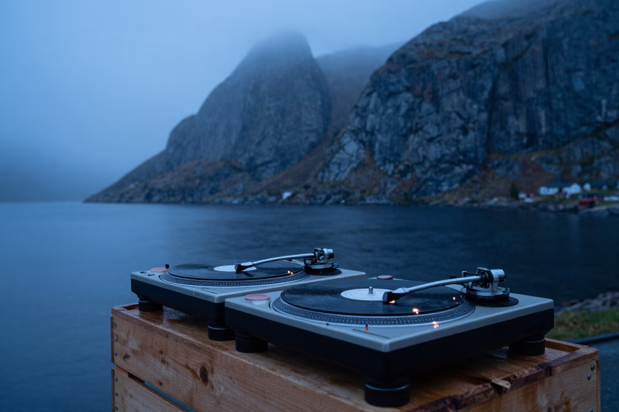 DJ Vinyl Turntables Foggy Norway Twilight Rain in in the Fjords of Norway