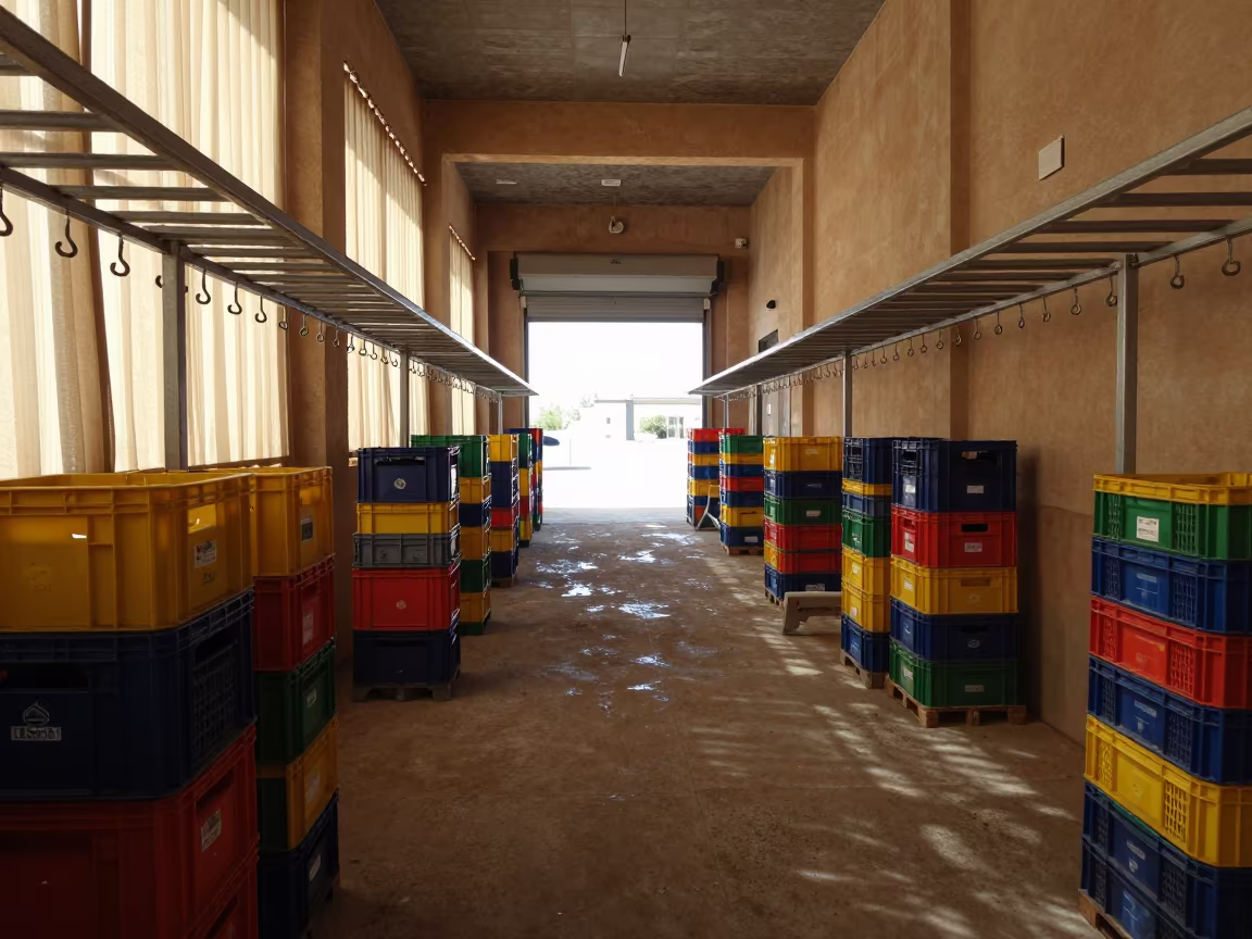 Djelfa Warehouse Tote Line Sodium Glow in inside a warehouse aisle in Djelfa