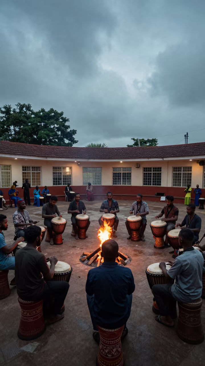 Djembe Circle Rhythm at Chittagong Hall in in a concert hall in Chittagong
