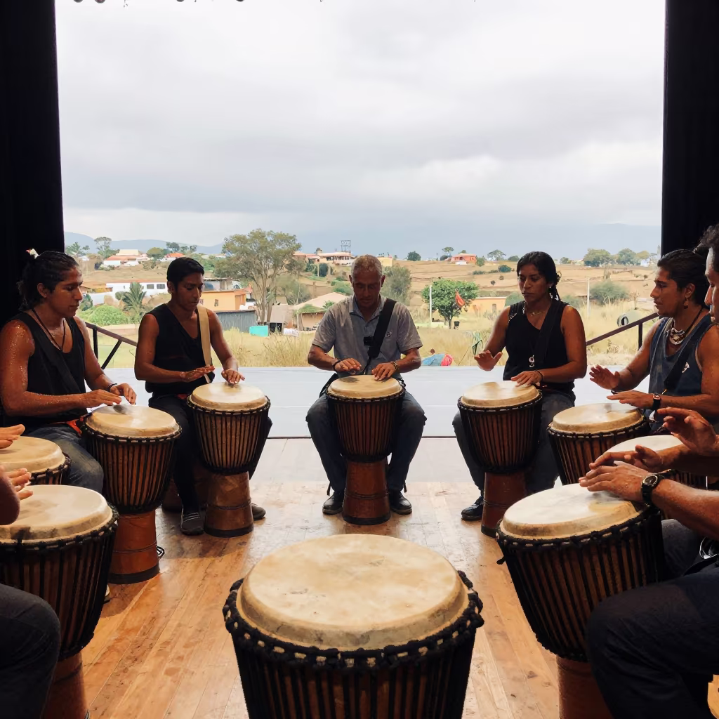 Djembe Circle Rhythm on Huancayo Theater Stage in on a theater stage in Huancayo