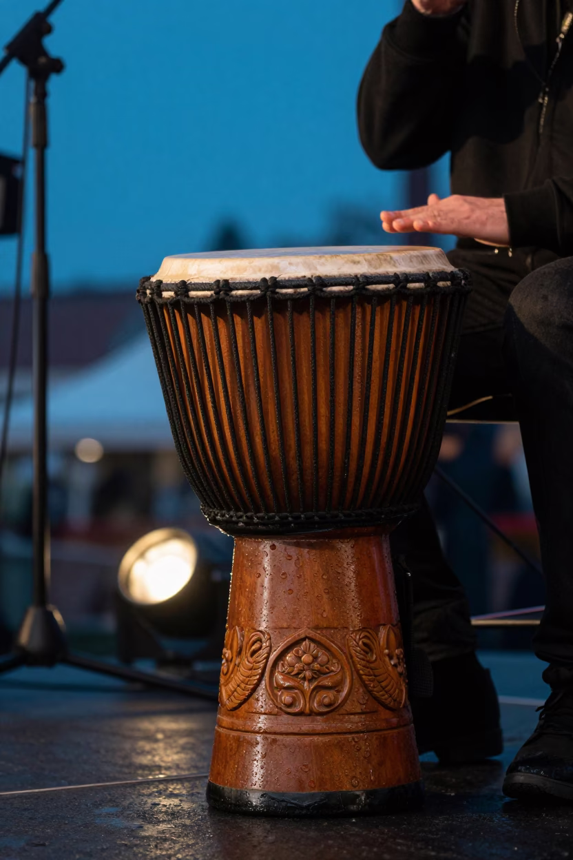 Djembe Drum Carved Base Blue Hour Brno in on a festival main stage in Brno