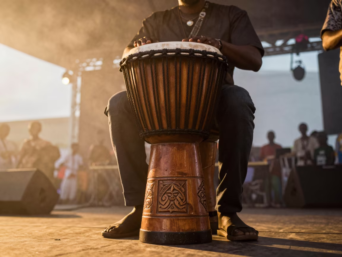 Djembe Drum Carved Base Golden Hour Stage Luanda in on a festival main stage in Luanda