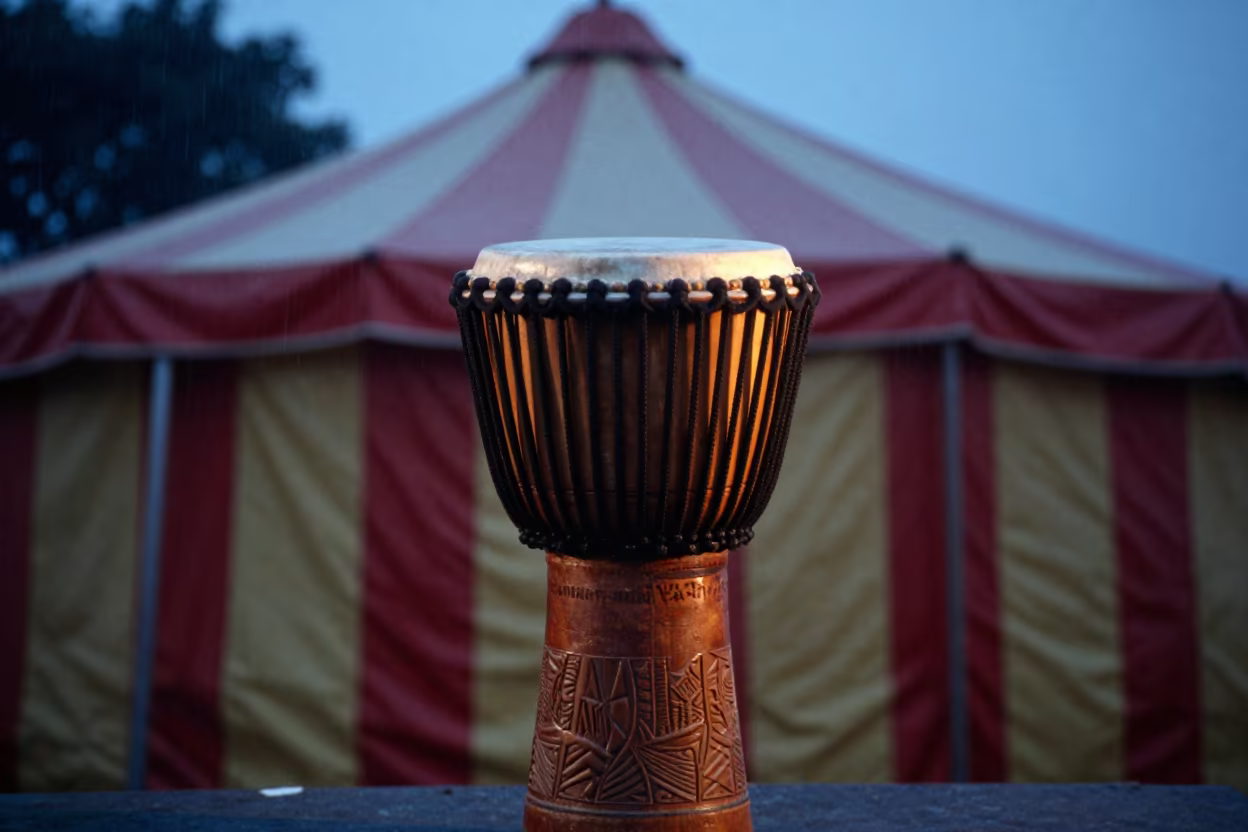 Djembe Drum Under Circus Tent in Sangli in under a circus tent in Sangli