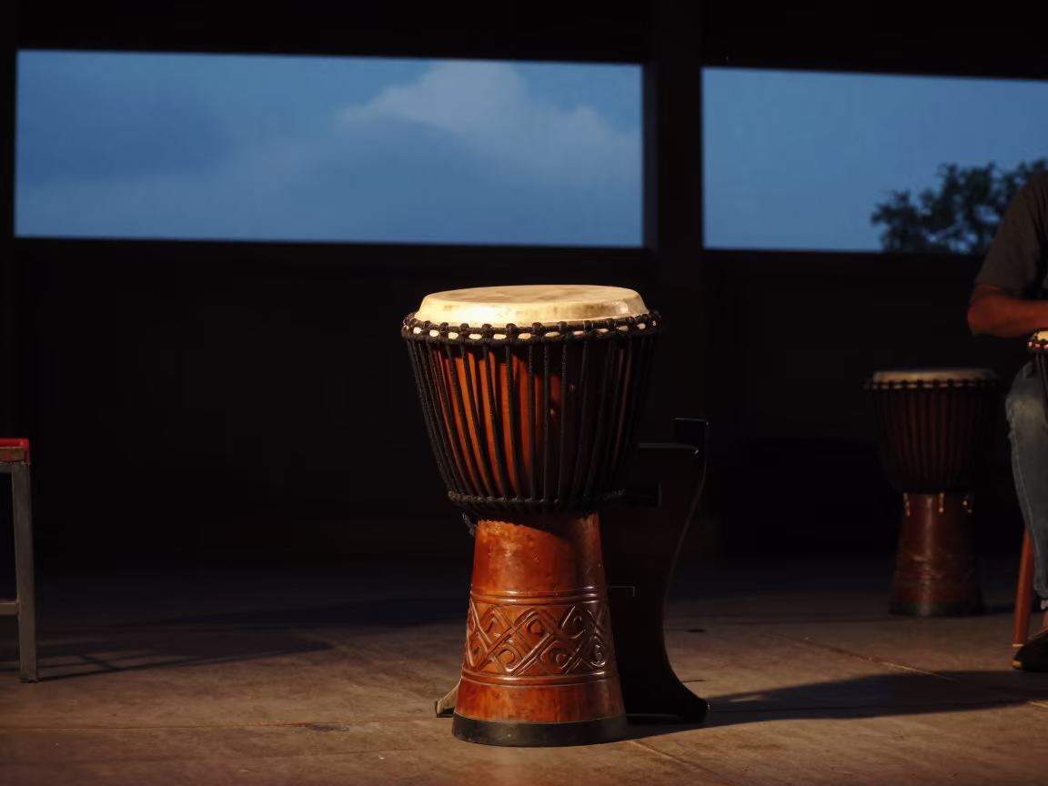 Djembe Drum on Dim Stage in Nagpur Evening Light in on a dimly lit stage in Nagpur