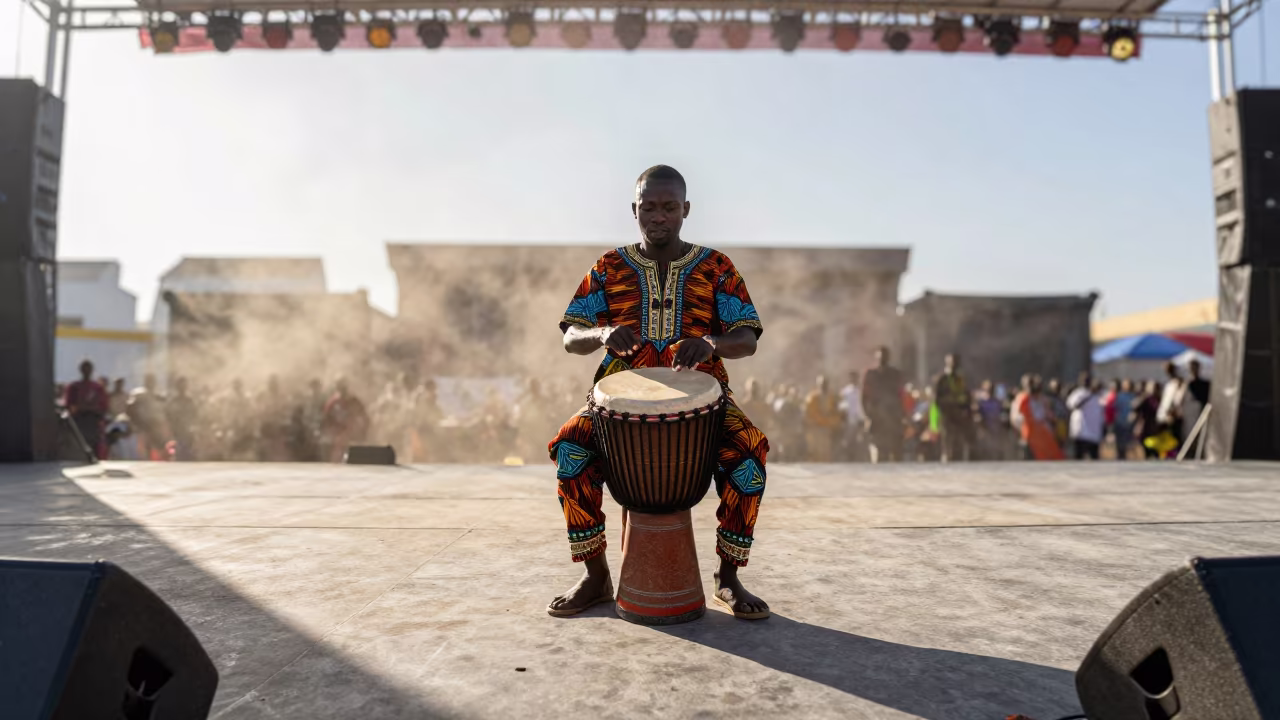 Djembe Drummer Performing on Nanchang Stage in on a theater stage in Nanchang