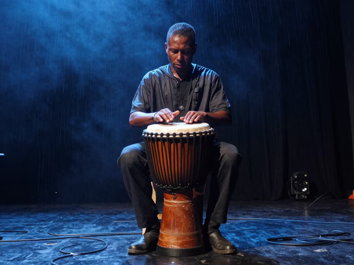 Djembe Drummer in Oruro Concert Hall Evening in in a concert hall in Oruro