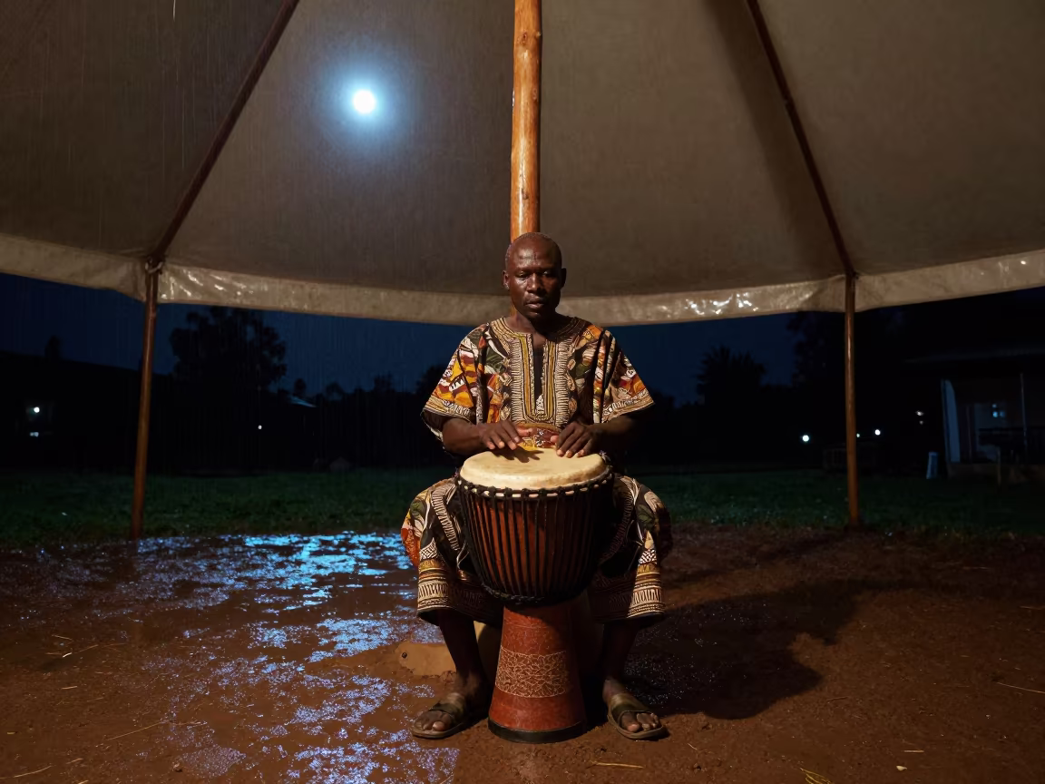 Djembe Drummer Under Circus Tent Late Night in under a circus tent in Tinaquillo