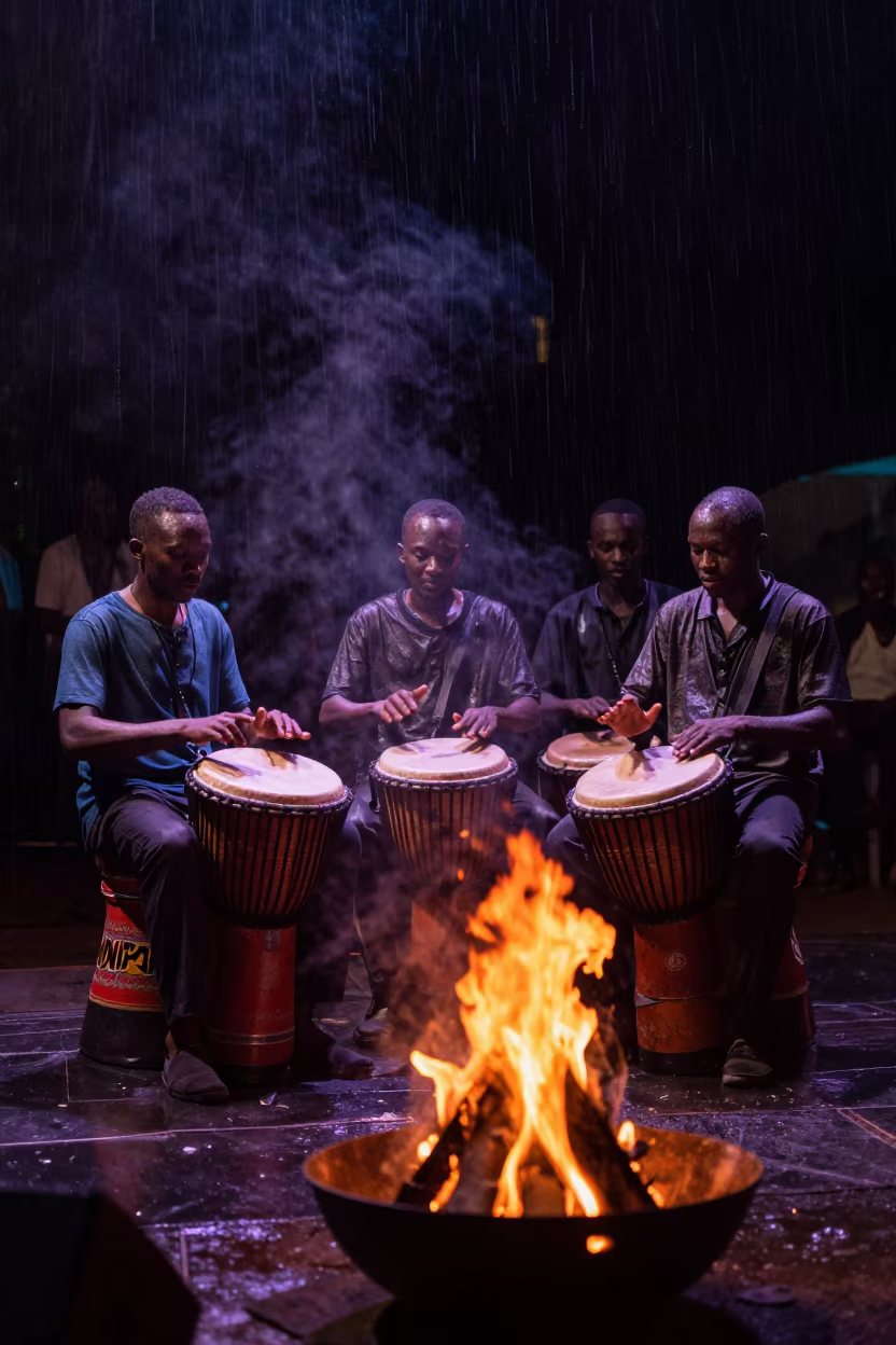 Djembe Drummers Circle Bonfire Enugu Dawn in on a dimly lit stage in Enugu