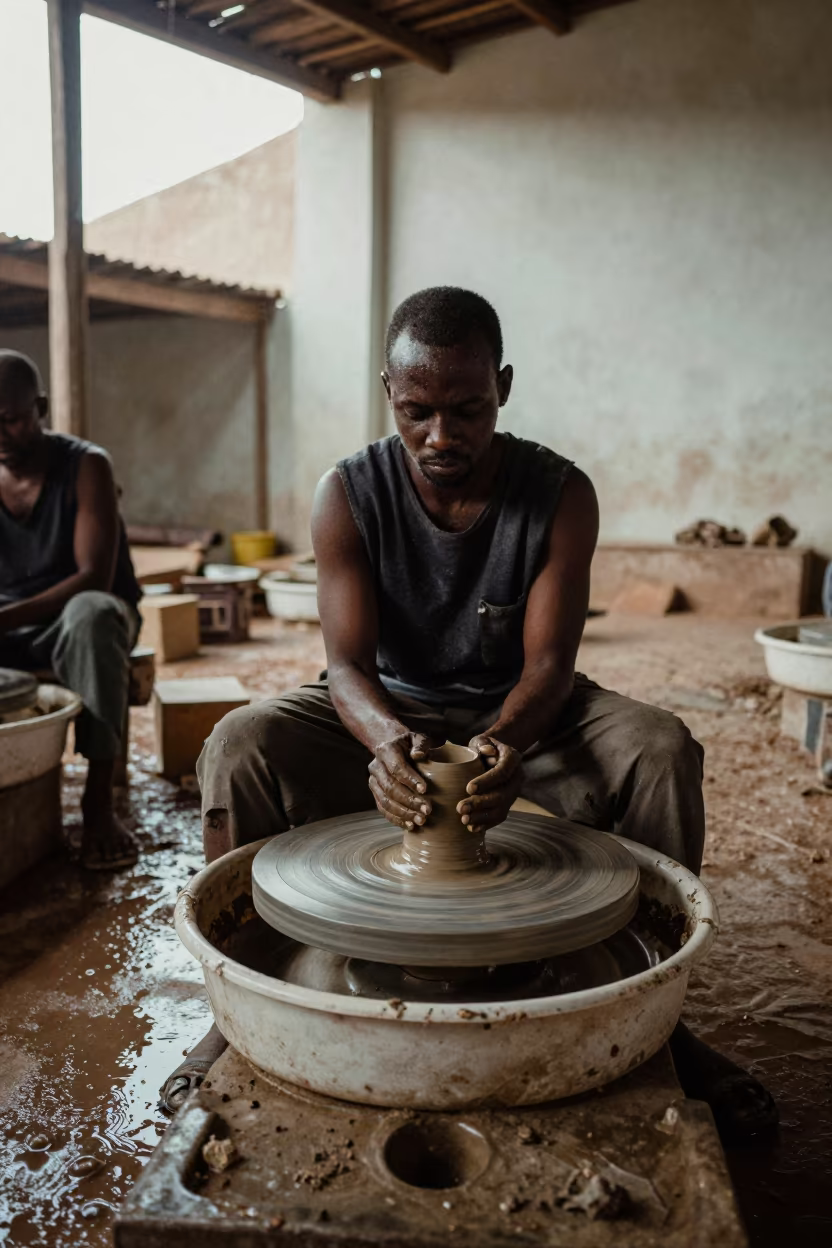 Djibouti Potter Shaping Clay on Kick Wheel in in a market hall in Djibouti