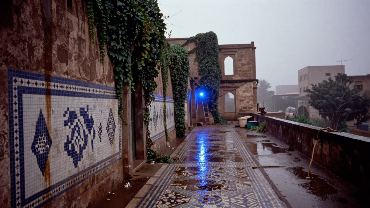 Djibouti Ruin Mosaic Tiles Evening Mist in beside ivy-draped masonry in Djibouti