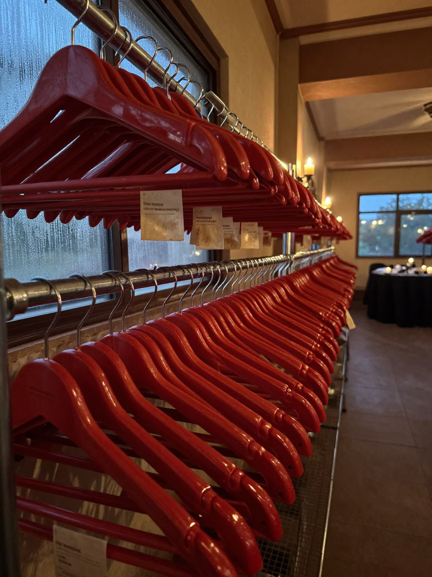 DND Hangers on Shelf in Mogaung Banquet Hall in inside a banquet hall before service in Mogaung