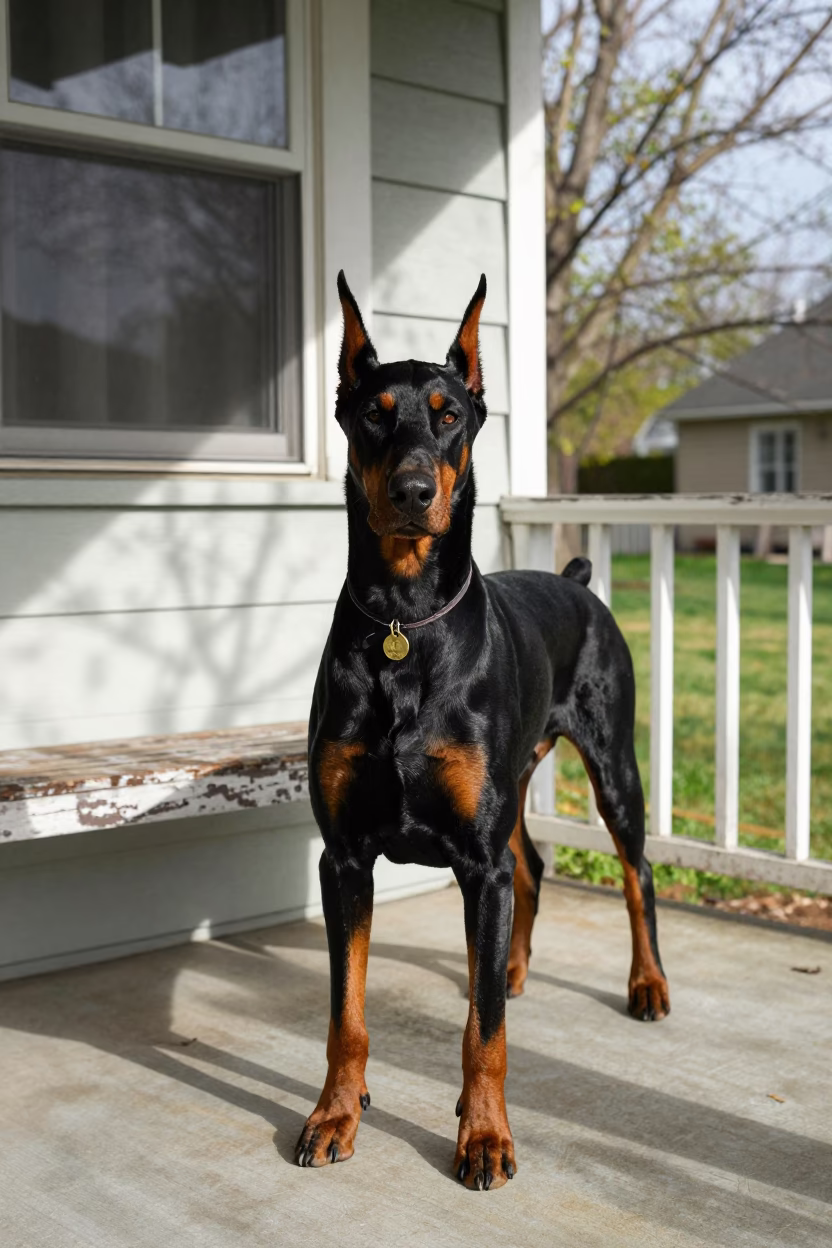 Doberman on Shaded Porch in Tolyatti Yard in in a small yard with clipped grass, calm light, and the animal centered in frame in Tolyatti