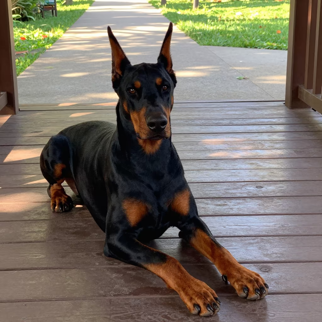 Doberman Pinscher on Shaded Porch Davao in along a quiet park path with soft open shade and a clean background near Davao