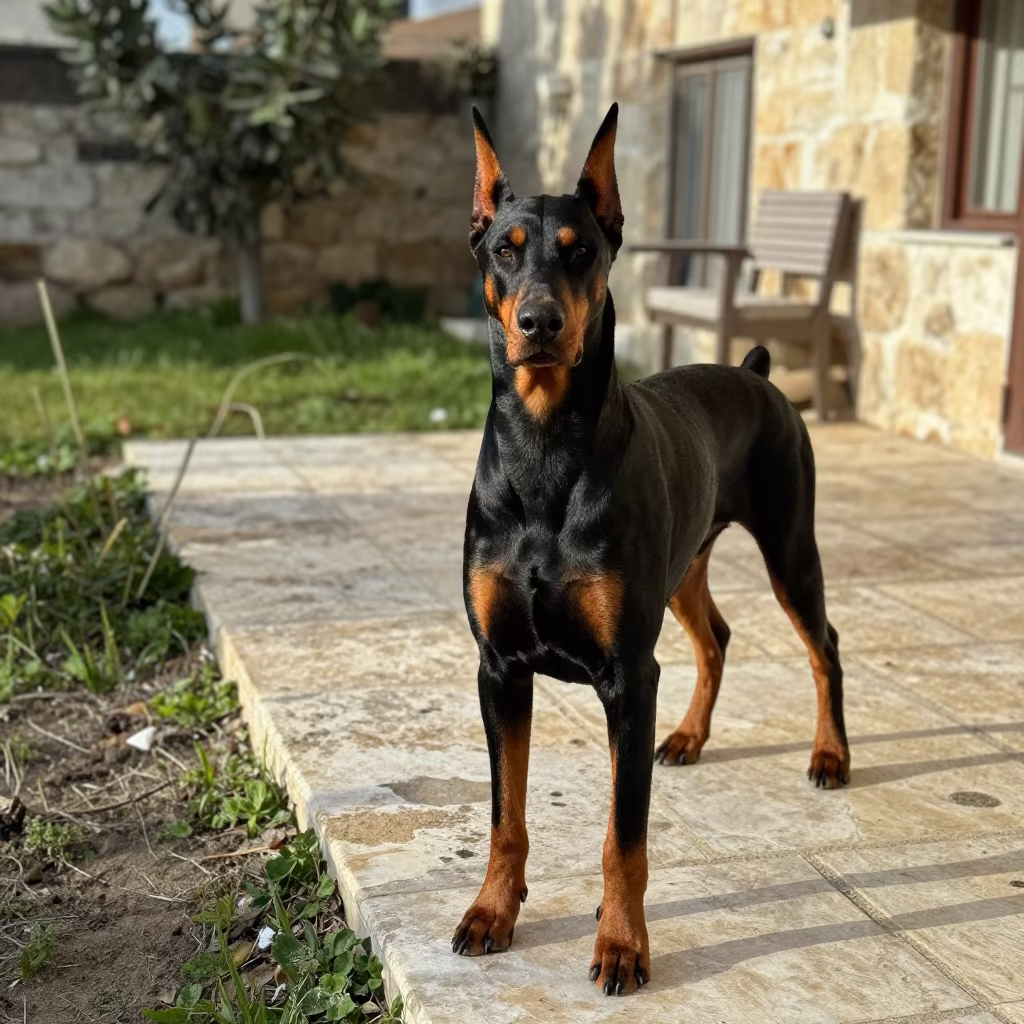 Doberman Pinscher on Shaded Porch in Aleppo in near a garden edge with soft morning light and an uncluttered background in Aleppo