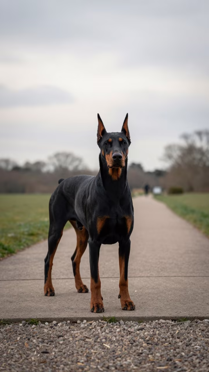 Doberman Pinscher on Shaded Richmond Porch in along a quiet park path with soft open shade and a clean background in Richmond