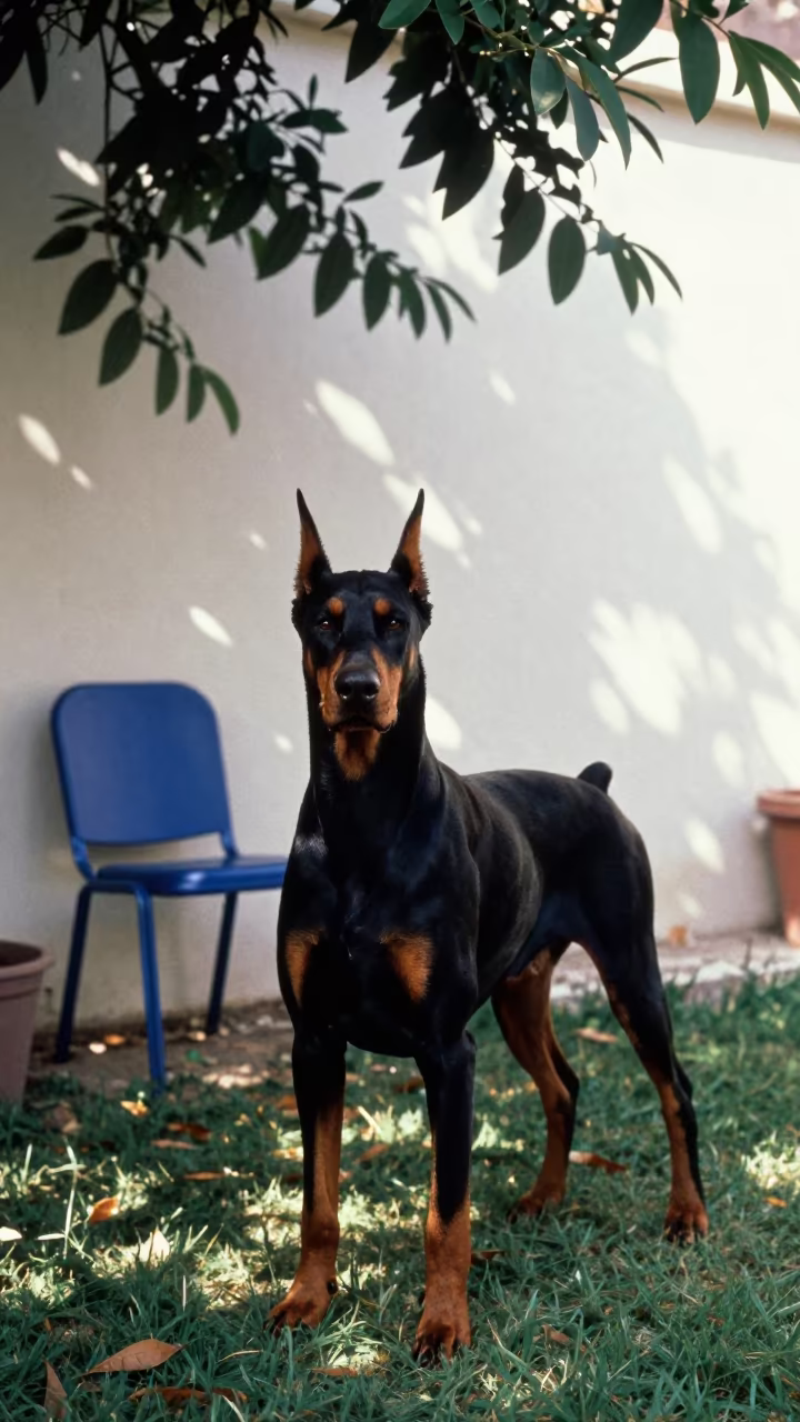 Doberman Pinscher Portrait in Gwalior Yard in in a small yard with clipped grass, calm light, and the animal centered in frame in Gwalior