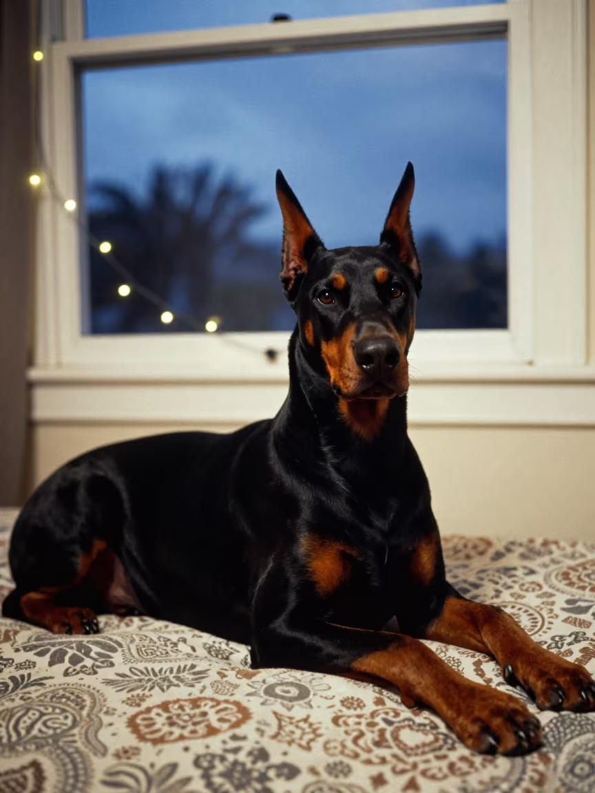 Doberman Pinscher Resting on Bedspread at Blue Hour in on a bedspread near a bright window with calm indoor light in Santa Cruz de la Sierra
