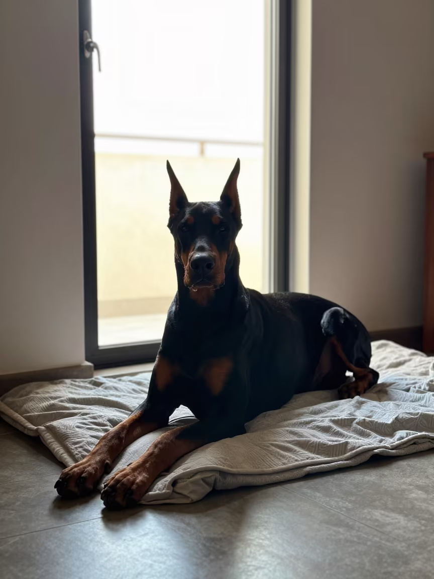 Doberman Pinscher Resting on Bedspread in Late Afternoon in on a bedspread near a bright window with calm indoor light near Culiacán