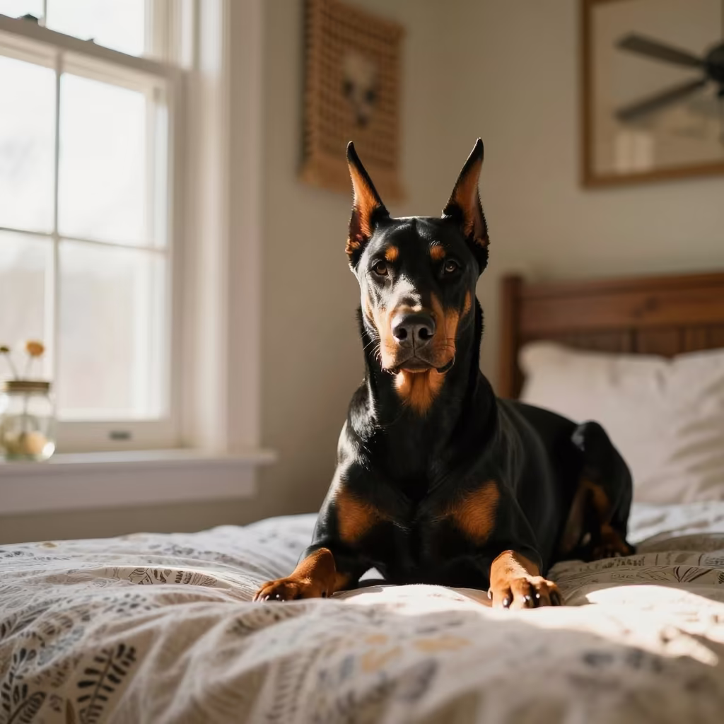 Doberman Pinscher Resting on Bedspread in Window Light in on a bedspread near a bright window with calm indoor light near Gujranwala