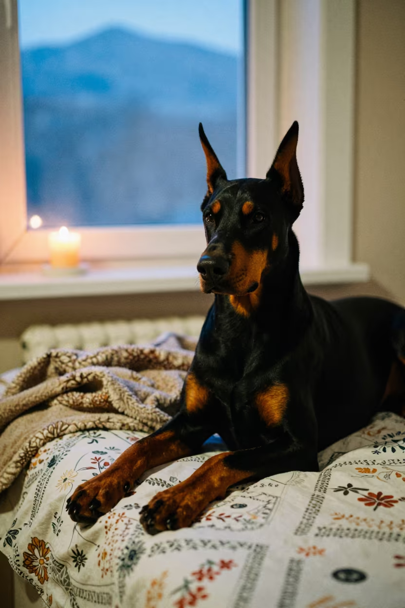 Doberman Pinscher Resting on Bedspread Near Window in on a bedspread near a bright window with calm indoor light near Almaty